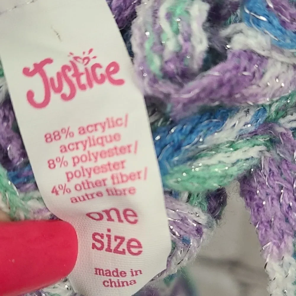 Justice Sparkly Braided Infinity Scarf Crochet Open Loose Knit Tassel Purple
